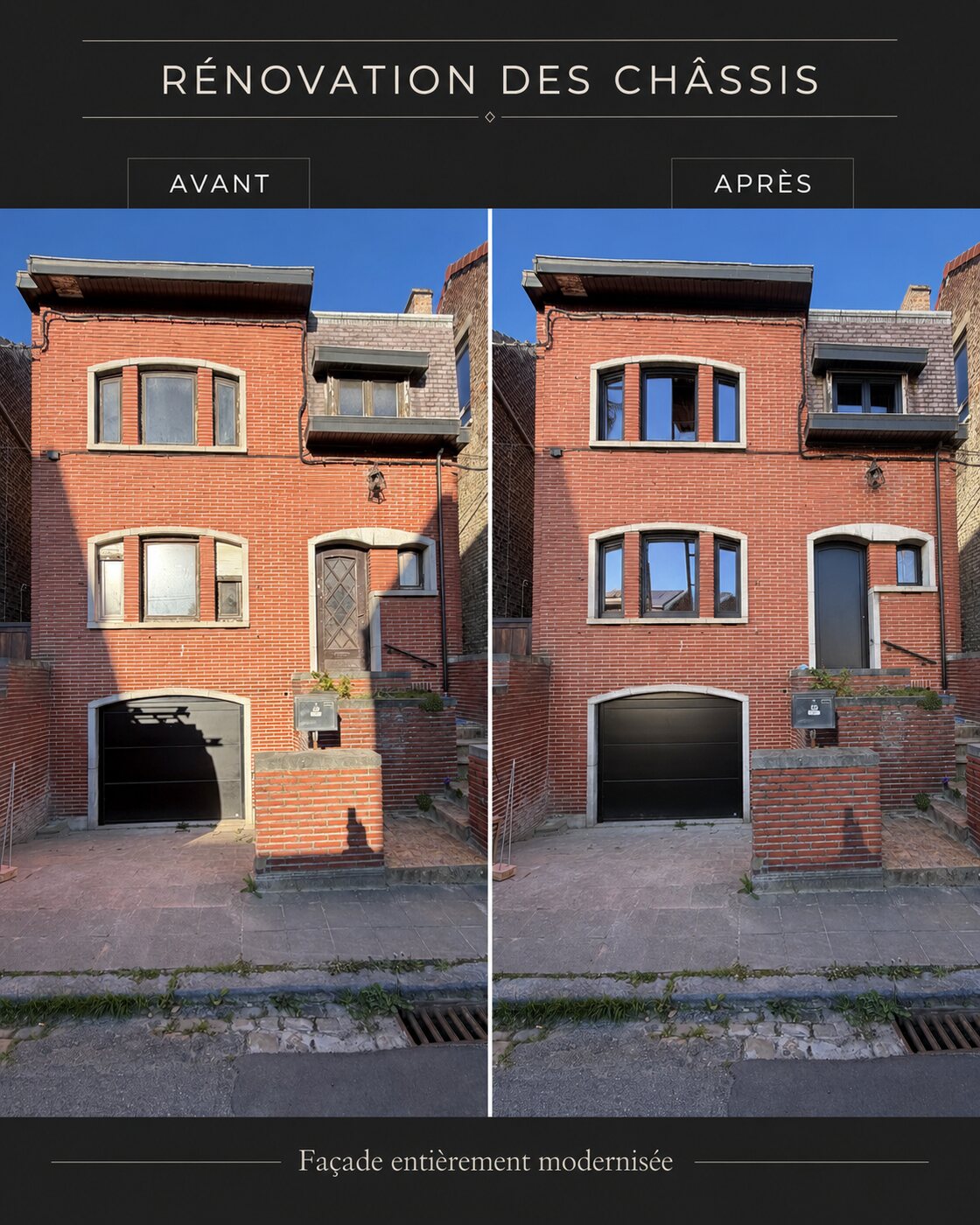 Rénovation complète — avant / après, réalisation MP Châssis, Charleroi et Hainaut