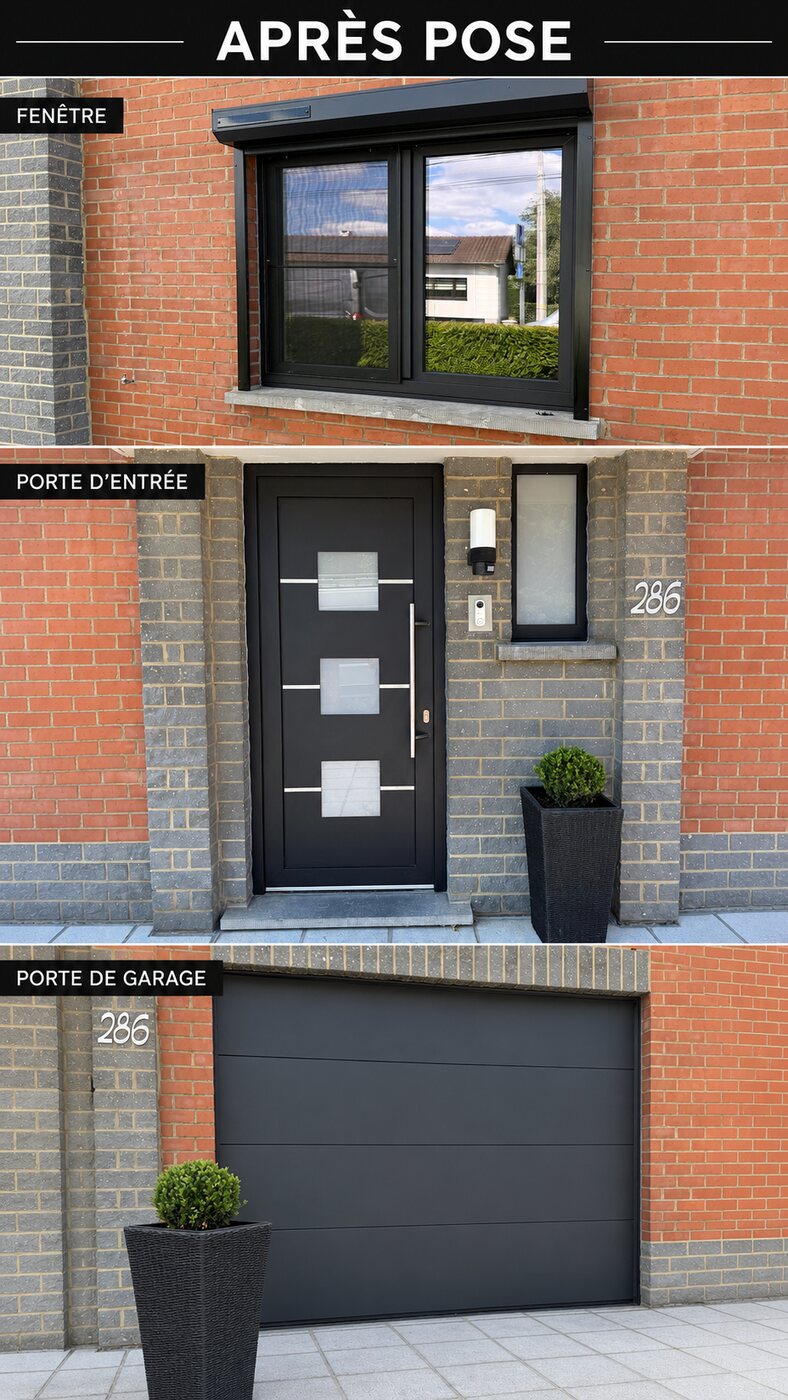 Porte d'entrée + volet — avant / après, réalisation MP Châssis, Charleroi et Hainaut